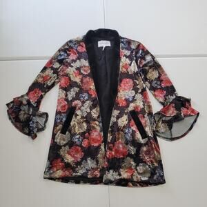 BCBGeneration Blazer Womens XS Black Floral Velvet Ruffle Sleeve Whimsigoth Vamp